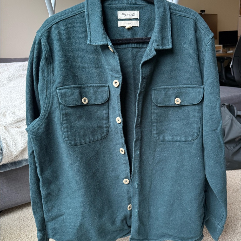 Madewell Mens Perfect Fit Solid Green Cotton Heavyweight Flannel Shirt Size L